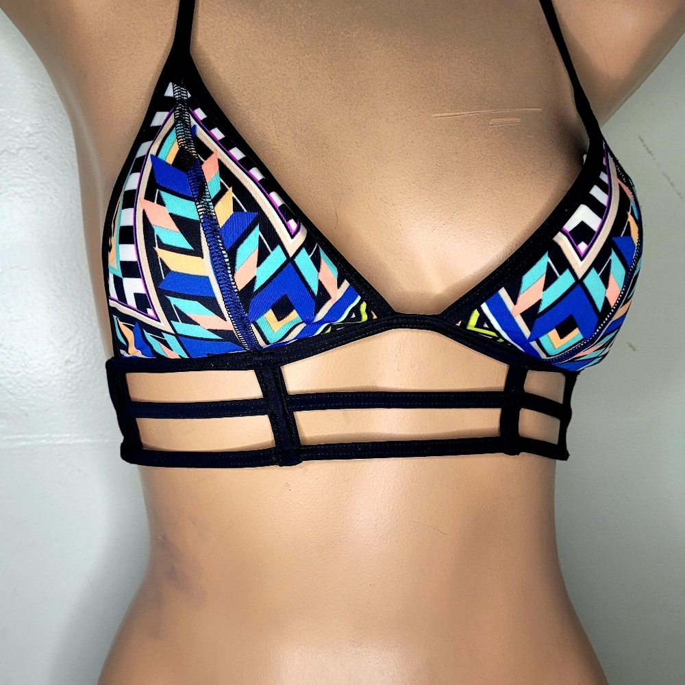 PINK XS AA B NEW PADDED CAGE HALTER STRING AZTEC BLACK TRIANGLE BIKINI SWIMSUIT - Picture 2 of 8